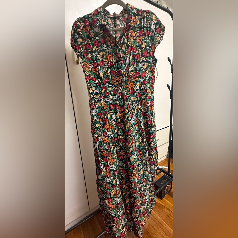 Philosophy Green Floral Maxi Dress Button Down With Red & Yellow Blooms M/L